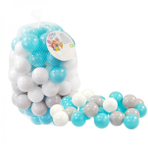 100 vnt. spalvotų plastikinių kamuoliukų 6 cm. balti-mėlyni